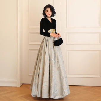 Elegant Black Evening Dresses 2023 A Line Princess V Neck Long Sleeve Floor Length Long Prom Formal Dresses