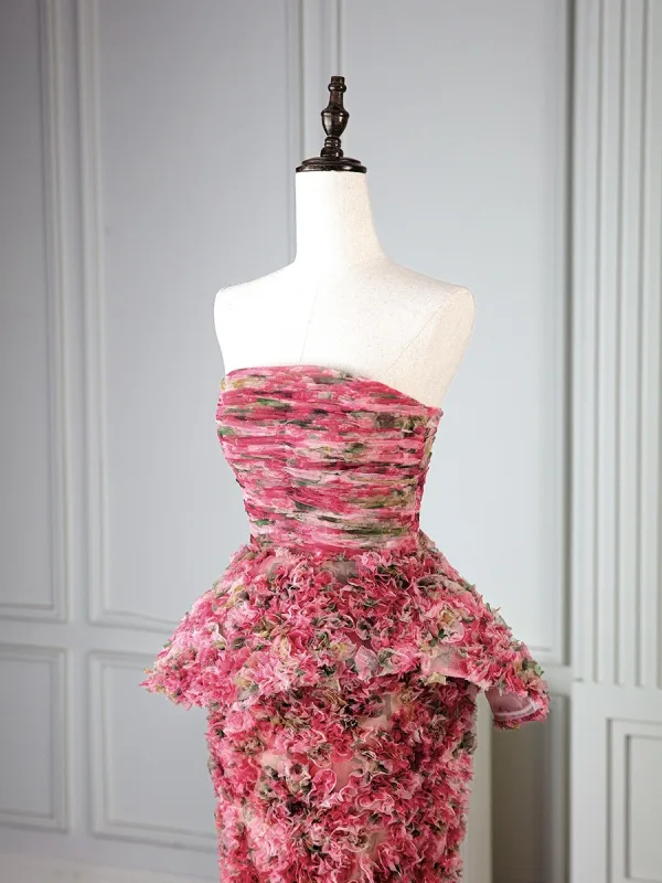Fancy Blushing Pink Multi-Colors Floral Prom Dresses 2025 Trumpet / Mermaid Strapless Sleeveless Backless Floor-Length / Long Formal Dresses
