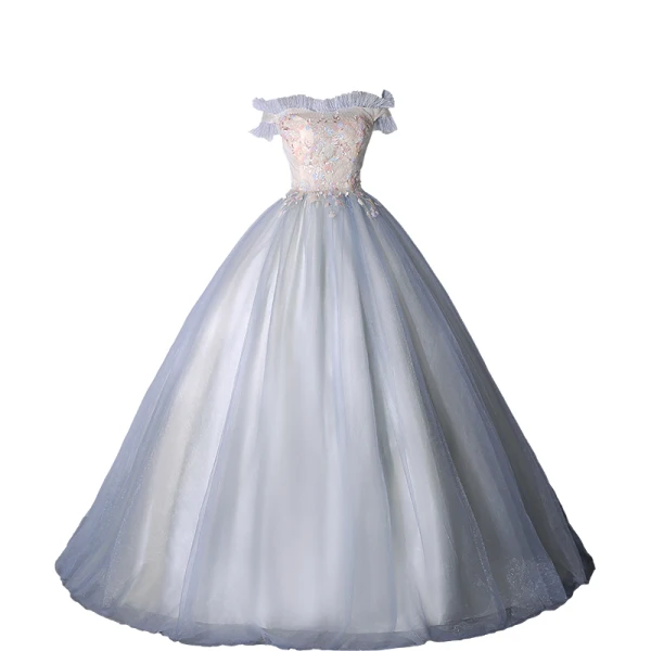 Elegant Sky Blue Sequins Prom Dresses 2023 Ball Gown Off-The-Shoulder Short Sleeve Backless Floor-Length / Long Prom Formal Dresses