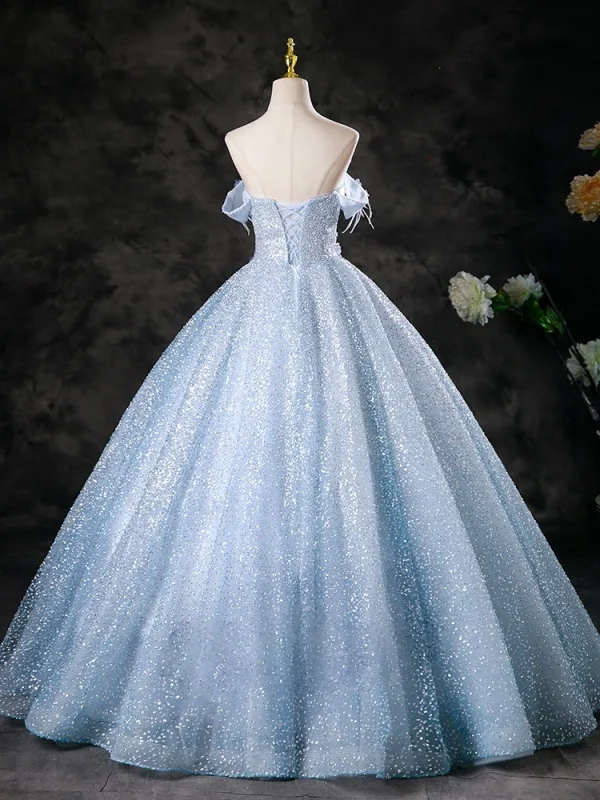Bling Bling Sky Blue Beading Appliques Sequins Prom Dresses 2025 Ball Gown Off-The-Shoulder Sleeveless Backless Floor-Length / Long Formal Dresses