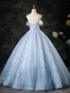 Bling Bling Sky Blue Beading Appliques Sequins Prom Dresses 2025 Ball Gown Off-The-Shoulder Sleeveless Backless Floor-Length / Long Formal Dresses