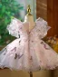 Lovely Blushing Pink Butterfly Appliques Short Flower Girl Dresses 2024 Birthday Ball Gown Scoop Neck Short Sleeve Tulle