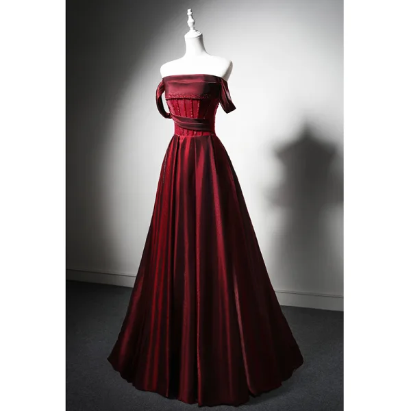 Elegant Burgundy Beading Prom Dresses 2024 A-Line / Princess Strapless Sleeveless Backless Floor-Length / Long Satin Prom Formal Dresses