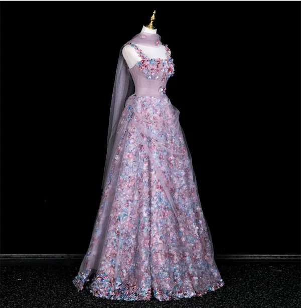 Flower Fairy Multi-Colors Appliques Rhinestone Prom Dresses 2025 A-Line / Princess Spaghetti Straps Sleeveless Backless Floor-Length / Long Formal Dresses