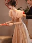 Chic / Belle Champagne Tachetée Robe De Bal 2022 Princesse Encolure Carrée Gonflée Manches Courtes Dos Nu Perlage Longue Robe De Ceremonie