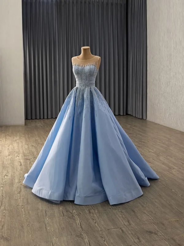 High-end Sky Blue Handmade  Beading Rhinestone Sequins Prom Dresses 2025 Ball Gown Scoop Neck Sleeveless Court Train Prom Formal Dresses