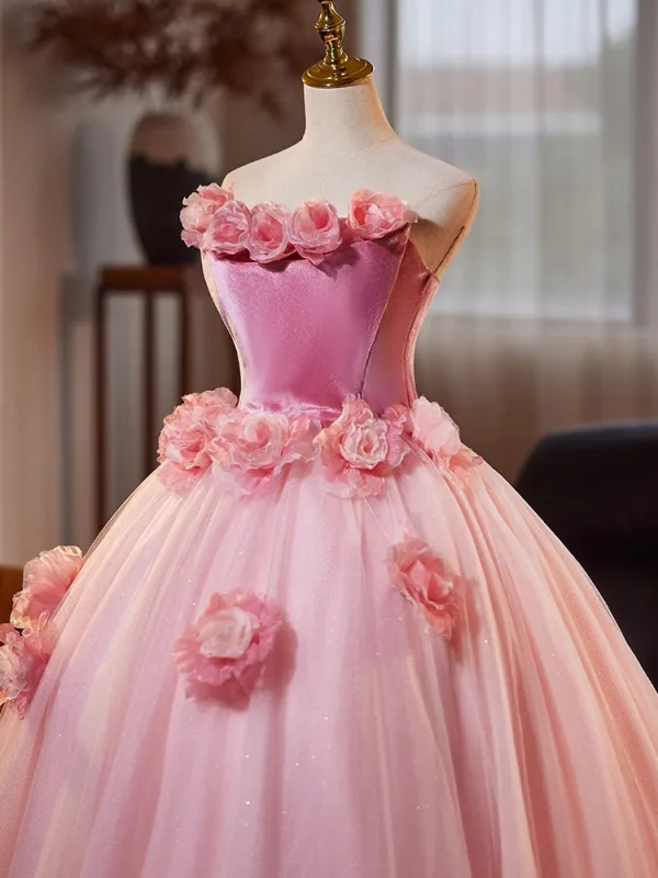 Flower Fairy Blushing Pink Appliques Ball Gown Prom Dresses 2025 Strapless Sleeveless Backless Floor-Length / Long Prom Formal Dresses