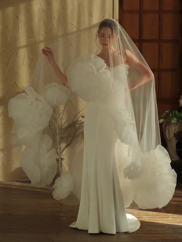 High-end White Handmade  Flower 3 m Wedding Veils 2025 Tulle