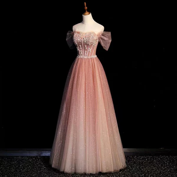Charmant Pink Farbverlauf Ballkleider 2022 A Linie Off Shoulder Kurze Ärmel Rückenfreies Perlenstickerei Perle Pailletten Lange Festliche Kleider