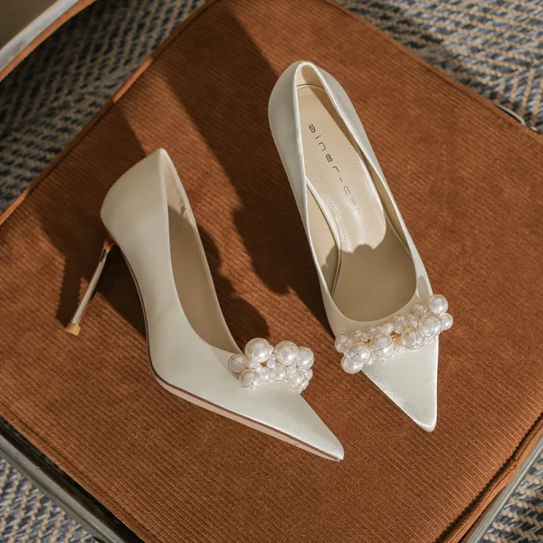 Schöne Beige Abend Satin Pumps 2022 Perle 8 cm Stilettos Spitzschuh Pumps Hochhackige