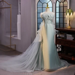 Hermoso Verde Salvia Vestidos De Gala 2023 Trumpet Mermaid Sin Tirantes Sin Espalda Flor Sin Mangas Colas De La Corte Gala Vestidos Formales