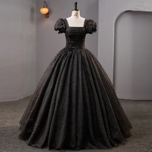 Vintage Retro Black Rhinestone Sequins Lace Flower Prom Dresses 2023 Ball Gown Square Neckline Puffy Short Sleeve Backless Floor Length Long Prom Formal Dresses