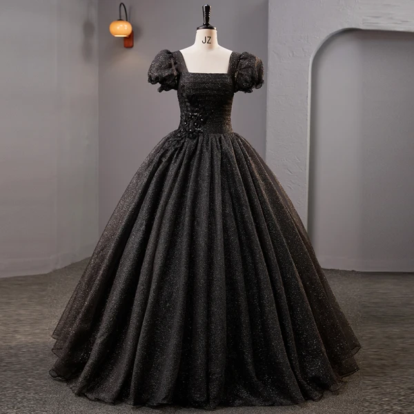 Vintage / Retro Black Rhinestone Sequins Lace Flower Prom Dresses 2023 Ball Gown Square Neckline Puffy Short Sleeve Backless Floor-Length / Long Prom Formal Dresses
