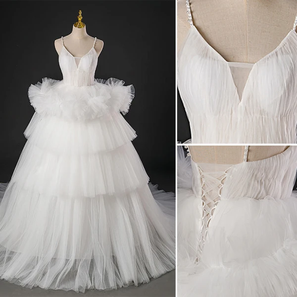Light Ivory Cascading Ruffles Pierced Wedding Dresses 2022 Ball Gown Spaghetti Straps Pearl Sleeveless Backless Floor-Length / Long Wedding