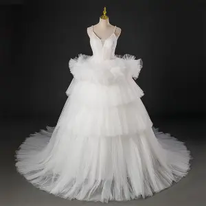 Légère Ivoire Volants En Cascade Percé Robe De Mariée 2022 Robe Boule Bretelles Spaghetti Perle Sans Manches Dos Nu Longue Mariage
