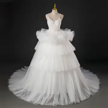Légère Ivoire Volants En Cascade Percé Robe De Mariée 2022 Robe Boule Bretelles Spaghetti Perle Sans Manches Dos Nu Longue Mariage