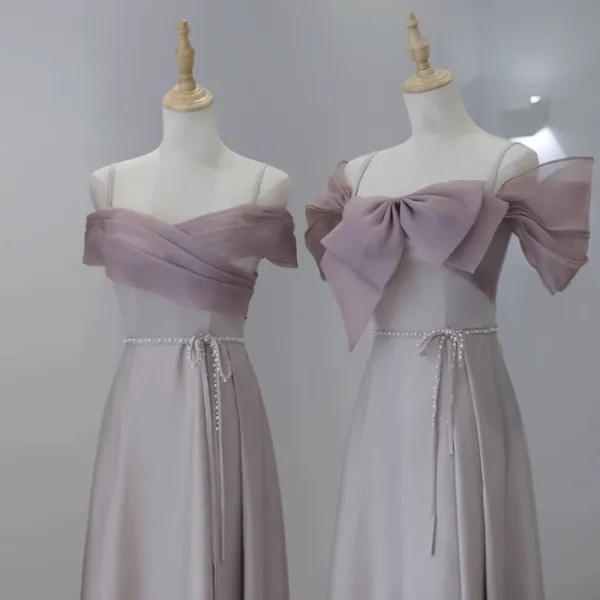 Modest / Simple Blushing Pink Satin Bridesmaid Dresses 2023 A-Line / Princess Off-The-Shoulder Sleeveless Backless Pearl Bow Sash Tea-length Bridesmaid Dresses