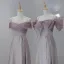 Modest / Simple Blushing Pink Satin Bridesmaid Dresses 2023 A-Line / Princess Off-The-Shoulder Sleeveless Backless Pearl Bow Sash Tea-length Bridesmaid Dresses