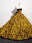 Vintage / Retro Black Gold Printing Prom Dresses 2025 Ball Gown Strapless Sleeveless Backless Bow Sweep Train Prom Formal Dresses