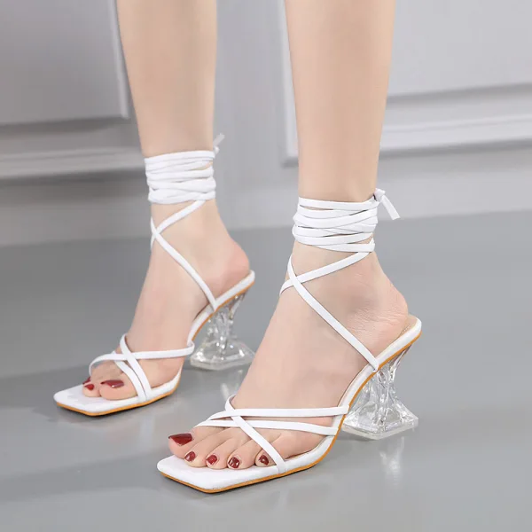 Sexy Blanche Soirée Cristal Sandales Femme Talons Hauts 2022 8 cm Talons Aiguilles Bride Cheville Peep Toes / Bout Ouvert Sandales