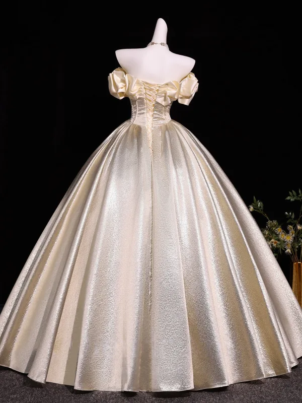 Elegant Prom Dresses Champagne 2026 Ball Gown Ruffle Off-The-Shoulder Short Sleeve Backless Floor-Length / Long Formal Dresses