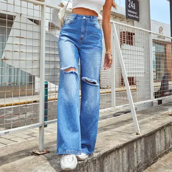 Fashion Ripped Sky Blue Women Straight Loose Jeans 2021 Cotton Pants Street Wear Bottoms