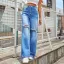 Fashion Ripped Sky Blue Women Straight Loose Jeans 2021 Cotton Pants Street Wear Bottoms