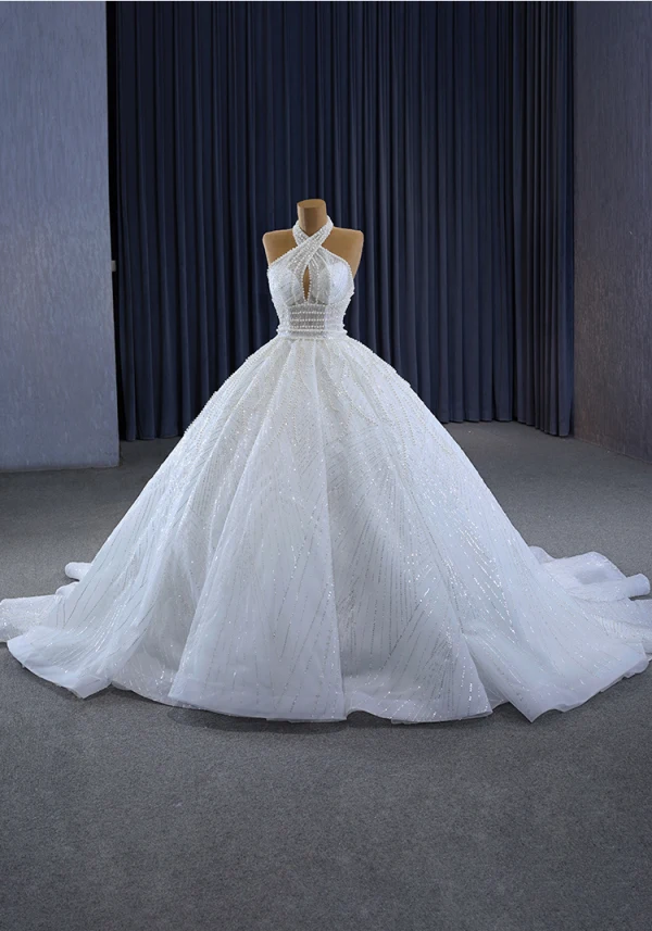 Luxury / Gorgeous White Handmade  Beading Pearl Sequins Wedding Dresses 2023 Ball Gown Halter Sleeveless Backless Floor-Length / Long Wedding