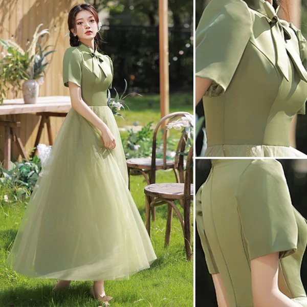 Modest / Simple Sage Green Bow Bridesmaid Dresses 2022 A-Line / Princess Short Sleeve Backless Floor-Length / Long Bridesmaid Wedding Party Dresses