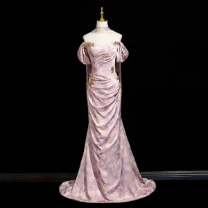 Charming Blushing Pink Rhinestone Butterfly Printing Evening Dresses 2025 Trumpet Mermaid Strapless Sleeveless Backless Sweep Train Evening Party Formal Dresses