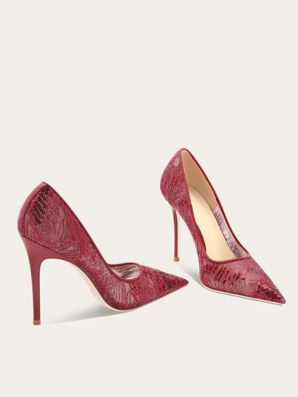 Charmant Bordeaux Avond Kanten Pailletten Pumps 2025 10 cm Naaldhakken / Stiletto Spitse Neus Pumps Hoge Hakken