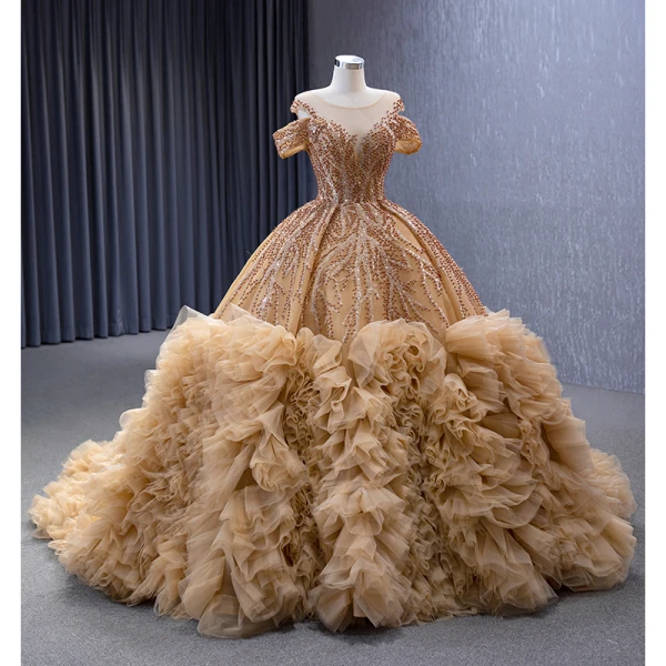 Luxe Champagne Fait main Perlage Perle Paillettes Volants en Cascade Robe De Bal 2023 Robe Boule Encolure Dégagée Manches Courtes Chapel Train Promo Robe De Ceremonie