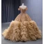 Luxe Champagne Fait main Perlage Perle Paillettes Volants en Cascade Robe De Bal 2023 Robe Boule Encolure Dégagée Manches Courtes Chapel Train Promo Robe De Ceremonie