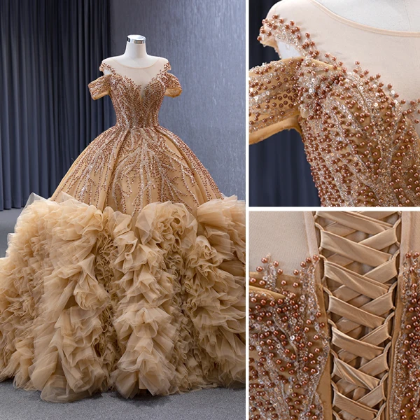 Luxe Champagne Fait main Perlage Perle Paillettes Volants en Cascade Robe De Bal 2023 Robe Boule Encolure Dégagée Manches Courtes Chapel Train Promo Robe De Ceremonie