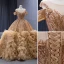Luxe Champagne Fait main Perlage Perle Paillettes Volants en Cascade Robe De Bal 2023 Robe Boule Encolure Dégagée Manches Courtes Chapel Train Promo Robe De Ceremonie