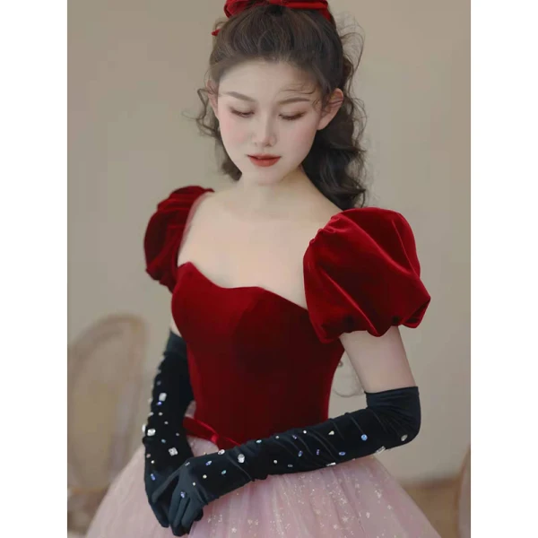 Elegant Burgundy Sequins Prom Dresses 2022 A-Line / Princess Scoop Neck Puffy Short Sleeve Backless Bow Sash Floor-Length / Long Formal Dresses