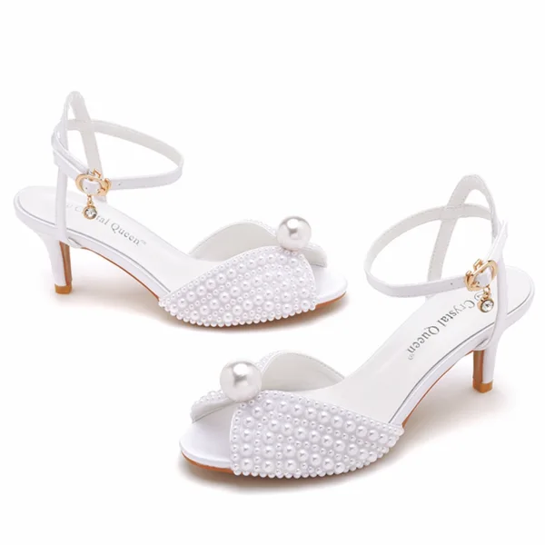 Charmant Blanche Perle Chaussure De Mariée 2023 6 cm Talons Aiguilles Bride Cheville Peep Toes / Bout Ouvert Mariage Sandales Talons Hauts