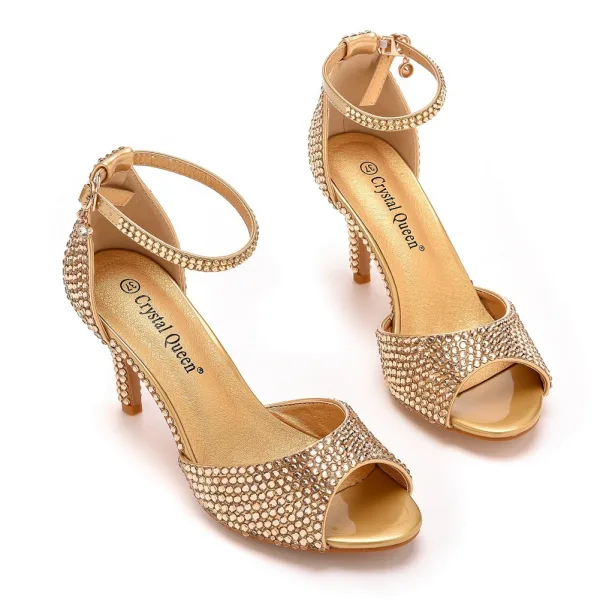 Bling Bling Gold Strass Knöchelriemen Abend Sandalen Damen 2025 7 cm Stilettos Peeptoes Sandaletten Hochhackige
