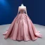 High-end Vintage / Retro Candy Pink Beading Pearl Sequins Prom Dresses 2022 Satin Ball Gown Scoop Neck Long Sleeve Backless Court Train Prom Formal Dresses