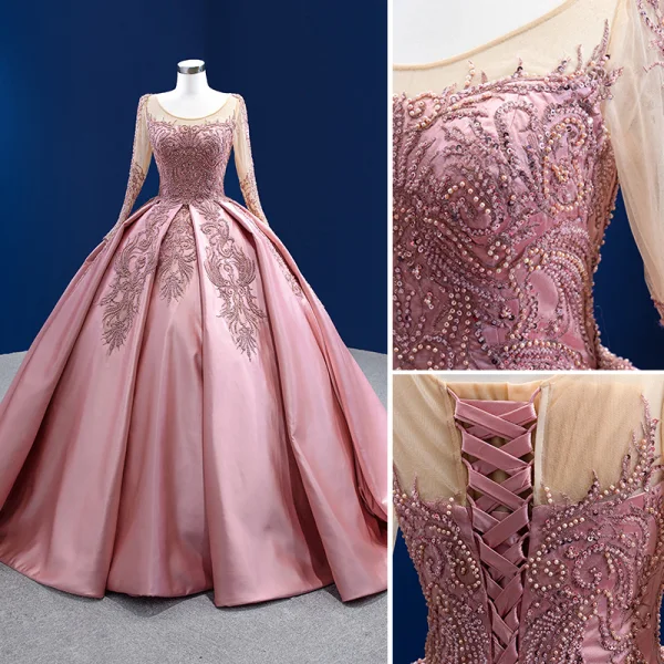 High-end Vintage / Retro Candy Pink Beading Pearl Sequins Prom Dresses 2022 Satin Ball Gown Scoop Neck Long Sleeve Backless Court Train Prom Formal Dresses