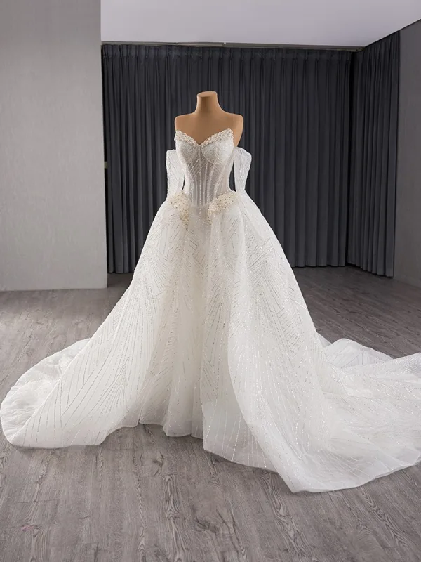 Luxury / Gorgeous White Handmade  Beading Rhinestone Pearl Sequins Wedding Dresses 2024 Ball Gown Strapless Sleeveless Backless Court Train Wedding