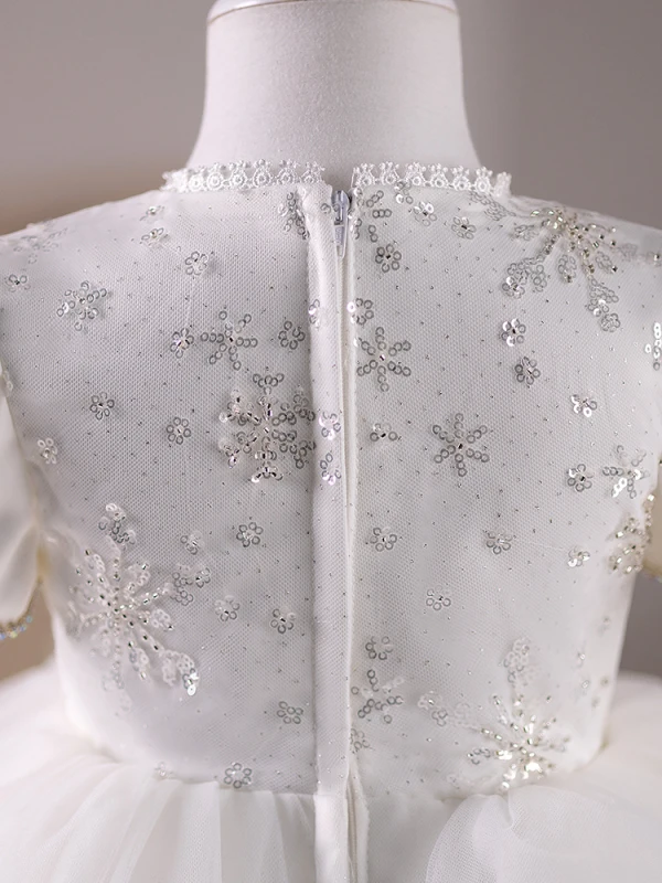 Chic / Beautiful White Sequins Short Birthday Flower Girl Dresses 2024 Ball Gown Scoop Neck Puffy Short Sleeve