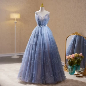 Sexy Bleu Ciel Perlage Faux Diamant Robe De Soirée 2023 Princesse Bretelles Spaghetti Sans Manches Dos Nu Longue Soirée Robe De Ceremonie