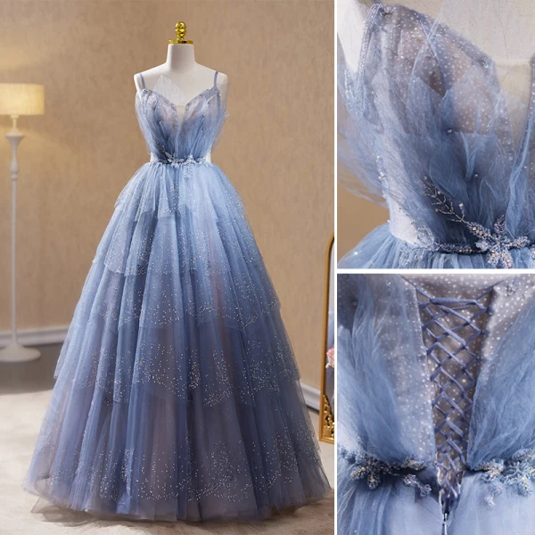 Sexy Bleu Ciel Perlage Faux Diamant Robe De Soirée 2023 Princesse Bretelles Spaghetti Sans Manches Dos Nu Longue Soirée Robe De Ceremonie