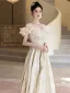 Charming Champagne Glitter Prom Dresses 2025 A-Line / Princess Ruffle Off-The-Shoulder Short Sleeve Backless Floor-Length / Long Formal Dresses