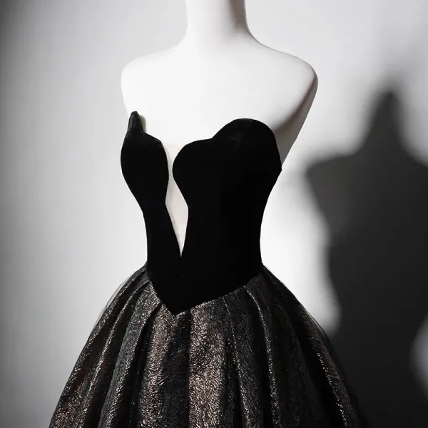 Vintage / Retro Black Glitter Prom Dresses 2023 Ball Gown Strapless Sleeveless Backless Floor-Length / Long Prom Formal Dresses
