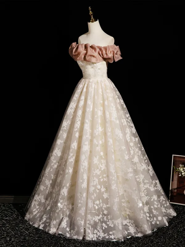 Chic / Beautiful Champagne Printing Prom Dresses 2025 A-Line / Princess Off-The-Shoulder Short Sleeve Backless Floor-Length / Long Formal Dresses