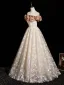 Chic / Beautiful Champagne Printing Prom Dresses 2025 A-Line / Princess Off-The-Shoulder Short Sleeve Backless Floor-Length / Long Formal Dresses
