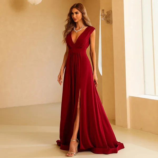 Chic / Beautiful Burgundy Split Front Prom Dresses 2022 A-Line / Princess V-Neck Sleeveless Backless Floor-Length / Long Prom Formal Dresses