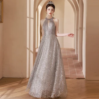 Scintillantes Argenté Paillettes Robe De Soirée 2024 Princesse Encolure Dégagée Sans Manches Dos Nu Longue Soirée Robe De Ceremonie